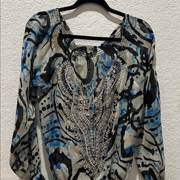 Kay Celine Tops - Elegant Blue and Black Women's Blouse